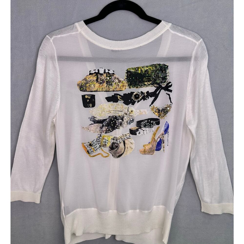 Vintage Michael Simon Sheer White Sequin Novelty Cardigan Fashion Motif Size M - Picture 2 of 11